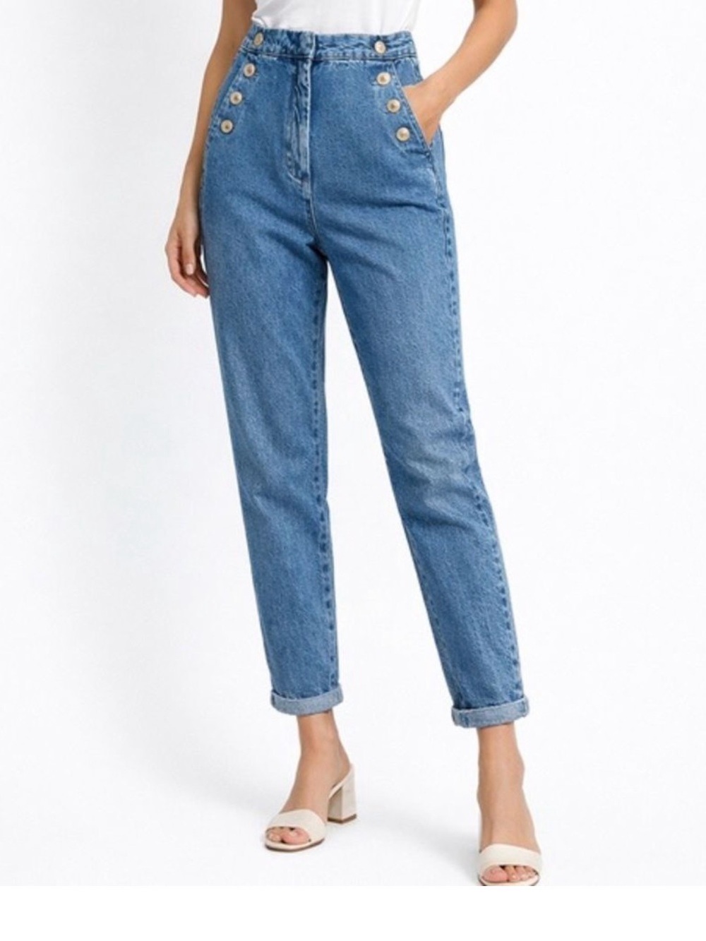 Zara High-Rise Blue Denim Jeans with Gold Buttons USM/6. 26” inseam.